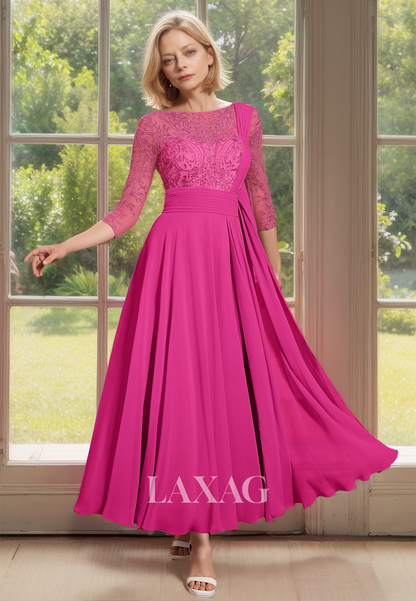 Scoop-Neck Long-Sleeves Chiffon A-Line Mother of the Bride Gowns Lace Applique Beaded Sheer Cocktail Dress