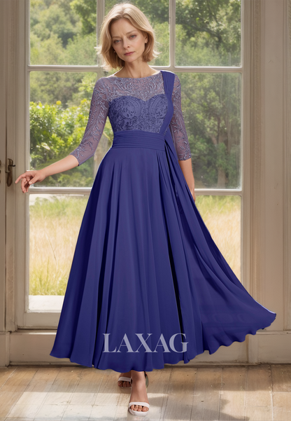 Scoop-Neck Long-Sleeves Chiffon A-Line Mother of the Bride Gowns Lace Applique Beaded Sheer Cocktail Dress