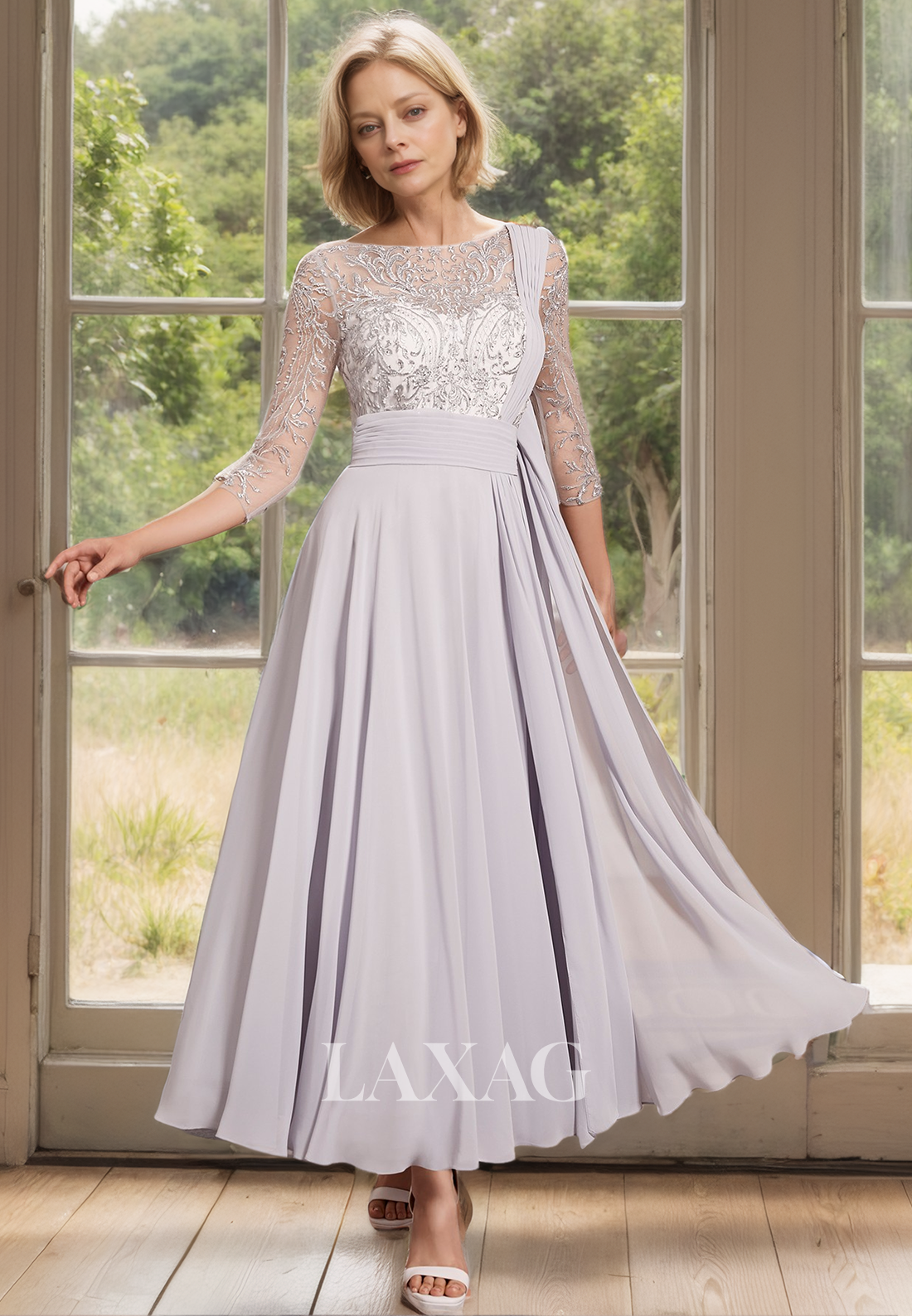 Scoop-Neck Long-Sleeves Chiffon A-Line Mother of the Bride Gowns Lace Applique Beaded Sheer Cocktail Dress