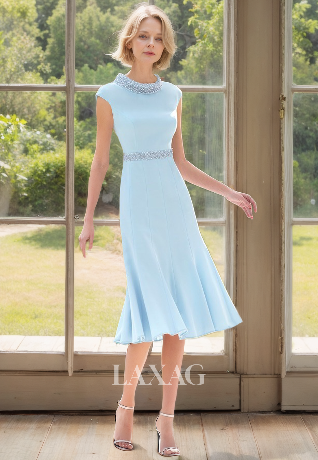 High Scoop-Neck Sleeveless Chiffon Cocktail Gowns Beaded Knee-Length A-Line Mother of the Bride Dress