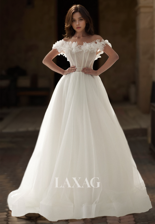 Floral Embossed Tube Top Sleeveless Off-Shoulder Sheer Pleated Tulle A-Line Wedding Dress