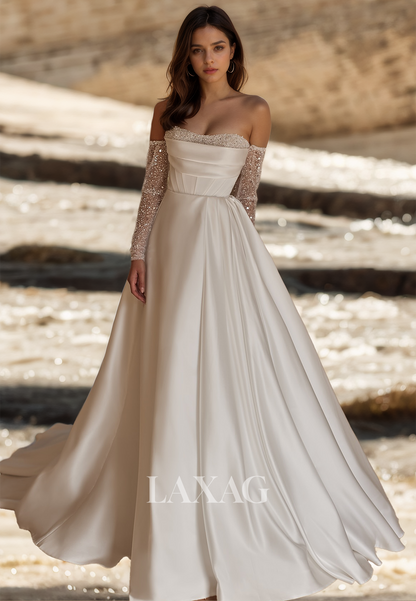 Sweetheart Long-Sleeves Satin A-Line Wedding Dress Beaded Pleated Train Bride Gowns with High Slit