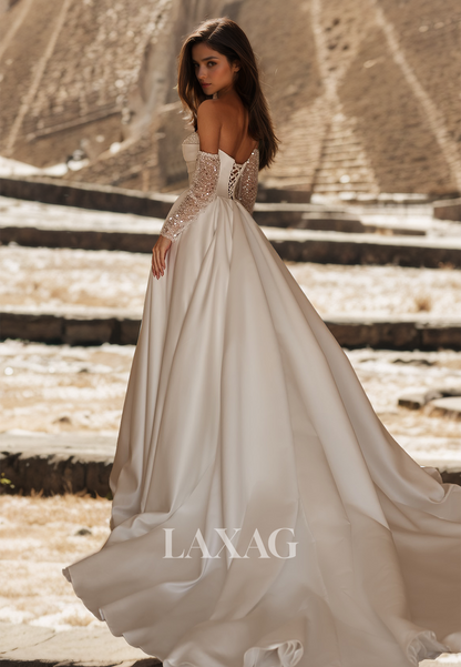 Sweetheart Long-Sleeves Satin A-Line Wedding Dress Beaded Pleated Train Bride Gowns with High Slit