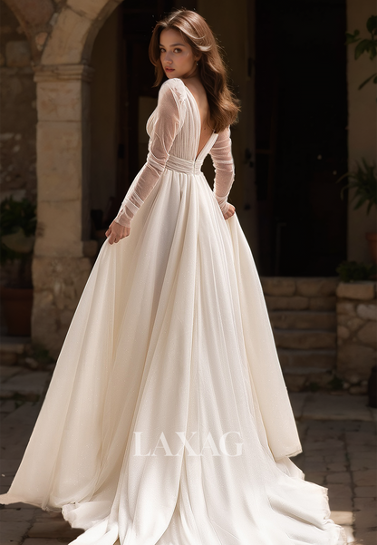 V-Neck Long-Sleeves High Slit Bride Gowns Pleated Sheer Train Lace Wedding Dress