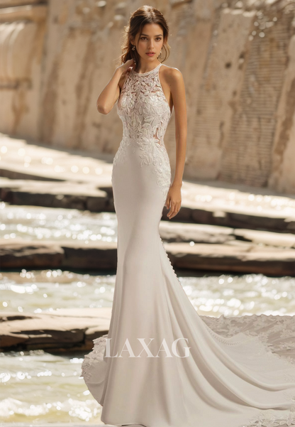 High Scoop-Neck Off-Shoulder Mermaid Wedding Dress Sleeveless Applique Bride Gowns with Lace Train