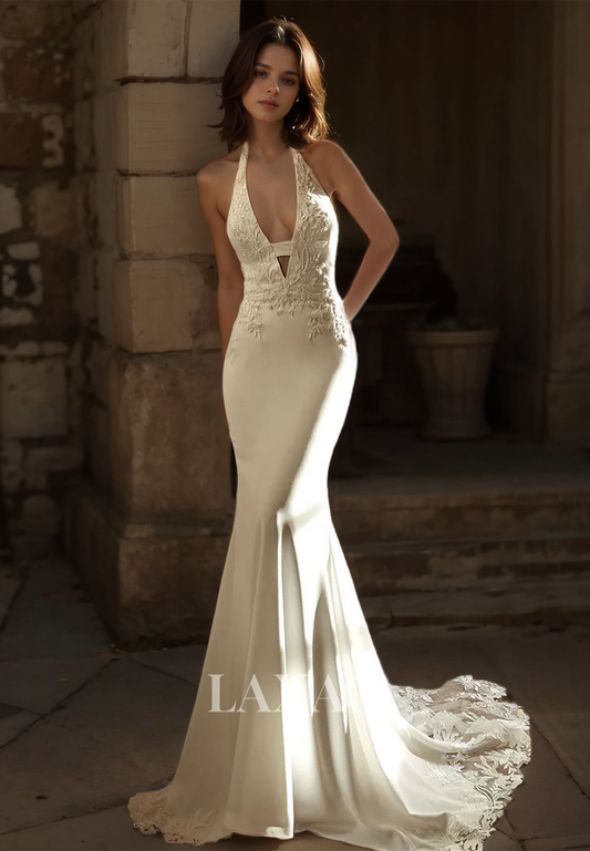 Halter Deep V-Neck Sleeveless Off-Shoulder Beaded Applique Cutout Lace Train Mermaid Wedding Dress