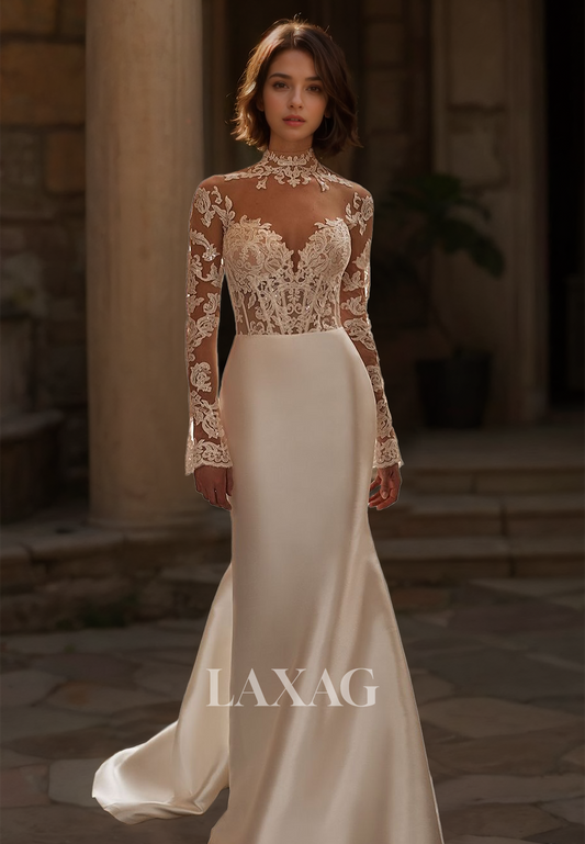 High Scoop-Neck Long-Sleeves Satin Bride Gowns Lace Applique Beaded Cutout Wedding Dress with Train