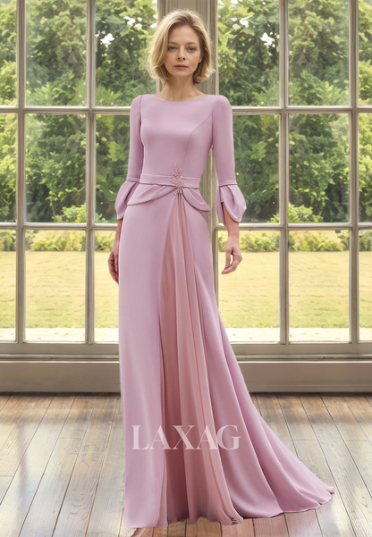 Long-Sleeves Scoop-Neck Fitted Mother of the Bride Dress Beaded Pleated Floor-Length Cocktail Gowns