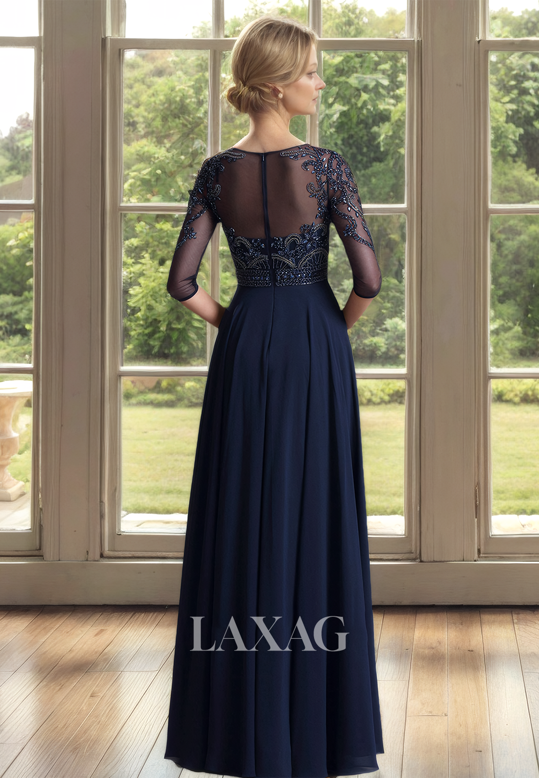 A-Line Half-Sleeves Beaded Mother of the Bride Dress Scoop-Neck Sheer Floor-Length Cocktail Gowns