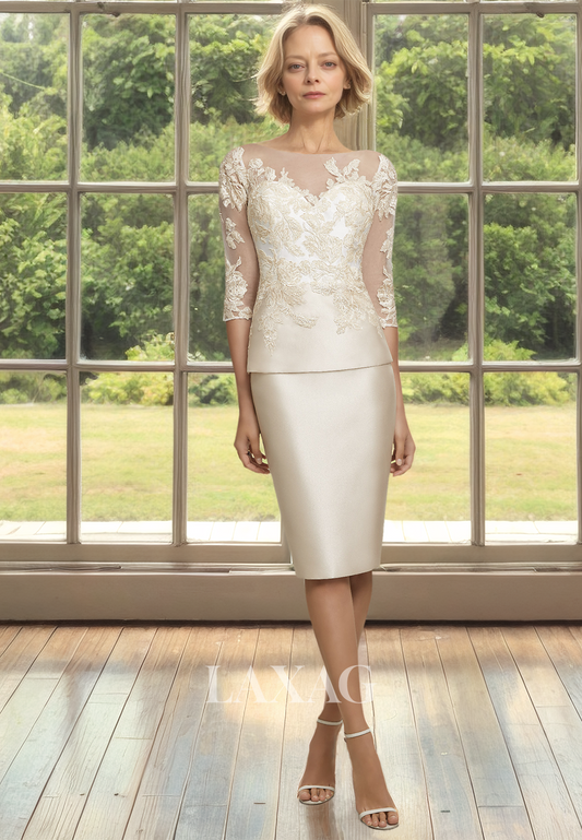 Scoop-Neck Sweetheart Half-Sleeves Cocktail Dress Applique Sheer Knee-Length Mother of the Bride Dress