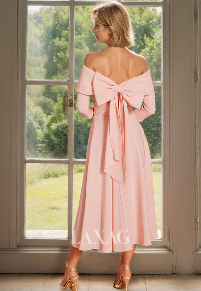 Tube Top Long-Sleeves Chiffon Pleated Cocktail Gowns Off-Shoulder Midi Mother of the Bride Dress