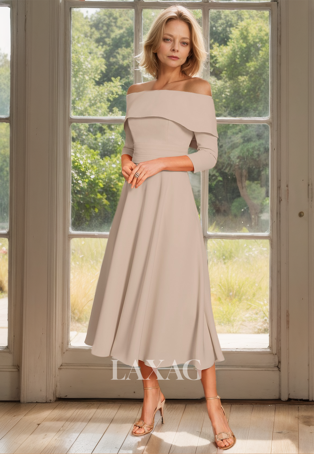 Tube Top Long-Sleeves Chiffon Pleated Cocktail Gowns Off-Shoulder Midi Mother of the Bride Dress