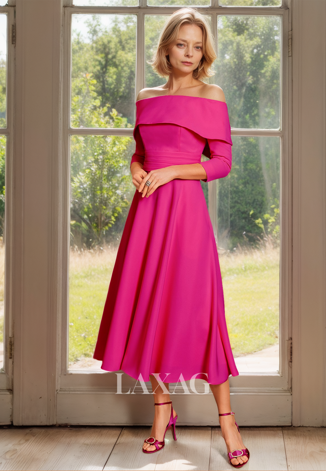 Tube Top Long-Sleeves Chiffon Pleated Cocktail Gowns Off-Shoulder Midi Mother of the Bride Dress