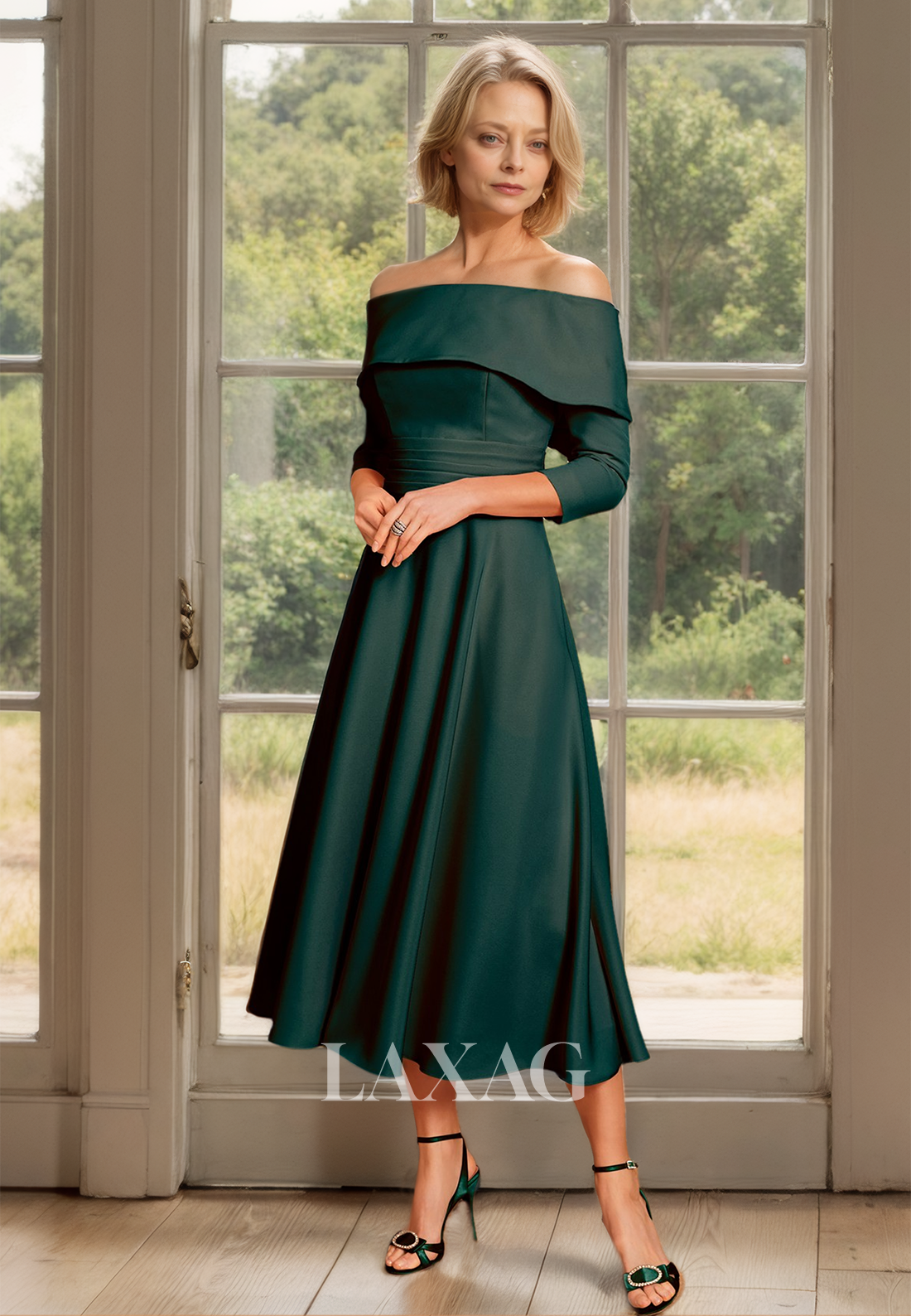 Tube Top Long-Sleeves Chiffon Pleated Cocktail Gowns Off-Shoulder Midi Mother of the Bride Dress