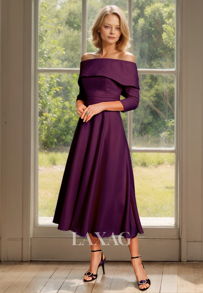 Tube Top Long-Sleeves Chiffon Pleated Cocktail Gowns Off-Shoulder Midi Mother of the Bride Dress