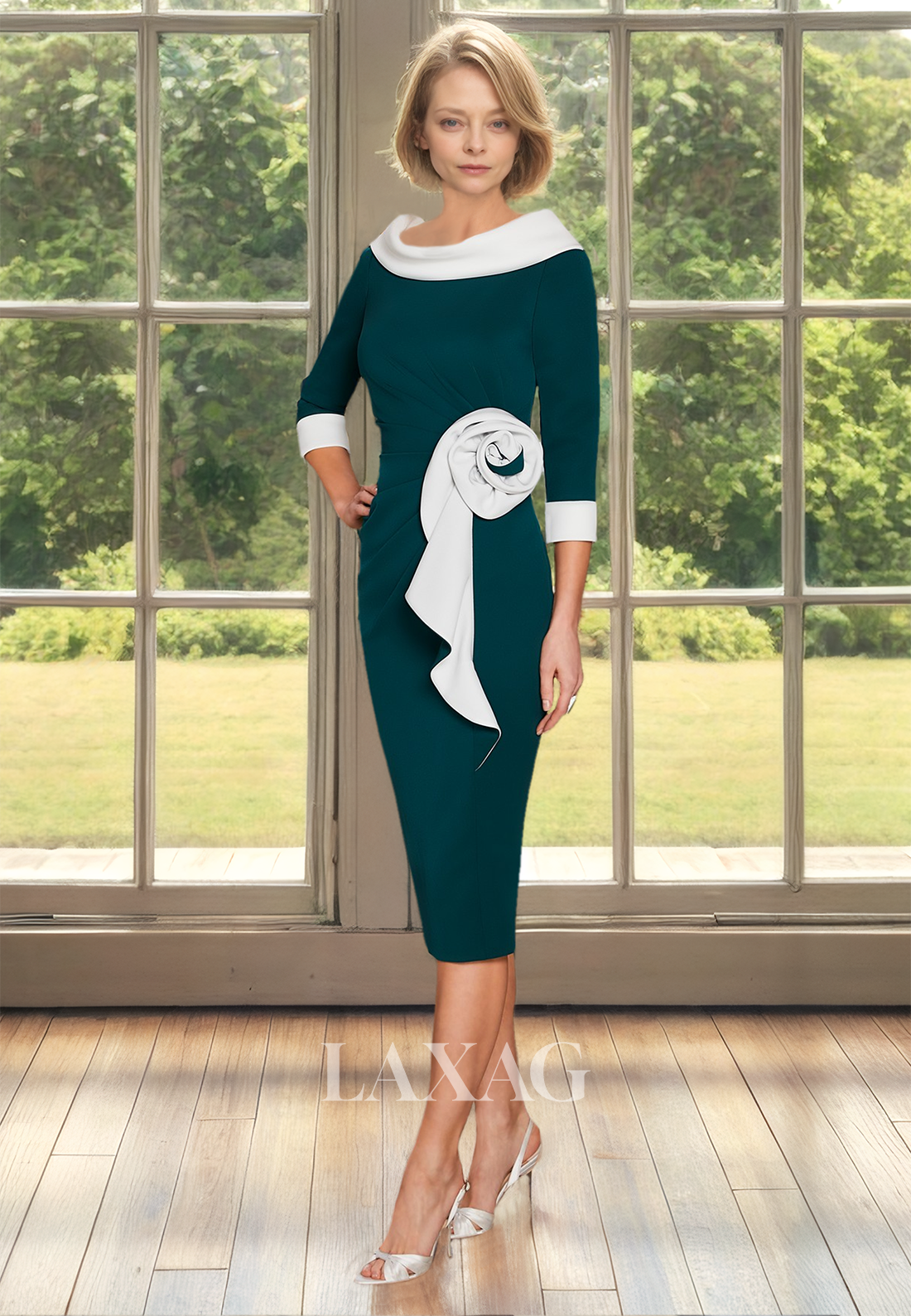 Long-Sleeves Scoop-Neck Mermaid Cocktail Gowns Pleated Two Tone Midi Mother of the Bride Dress