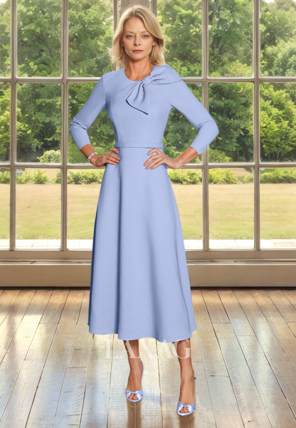 A-Line Long-Sleeves Midi Cocktail Gowns Scoop-Neck Beaded Mother of the Bride Dress with Bow