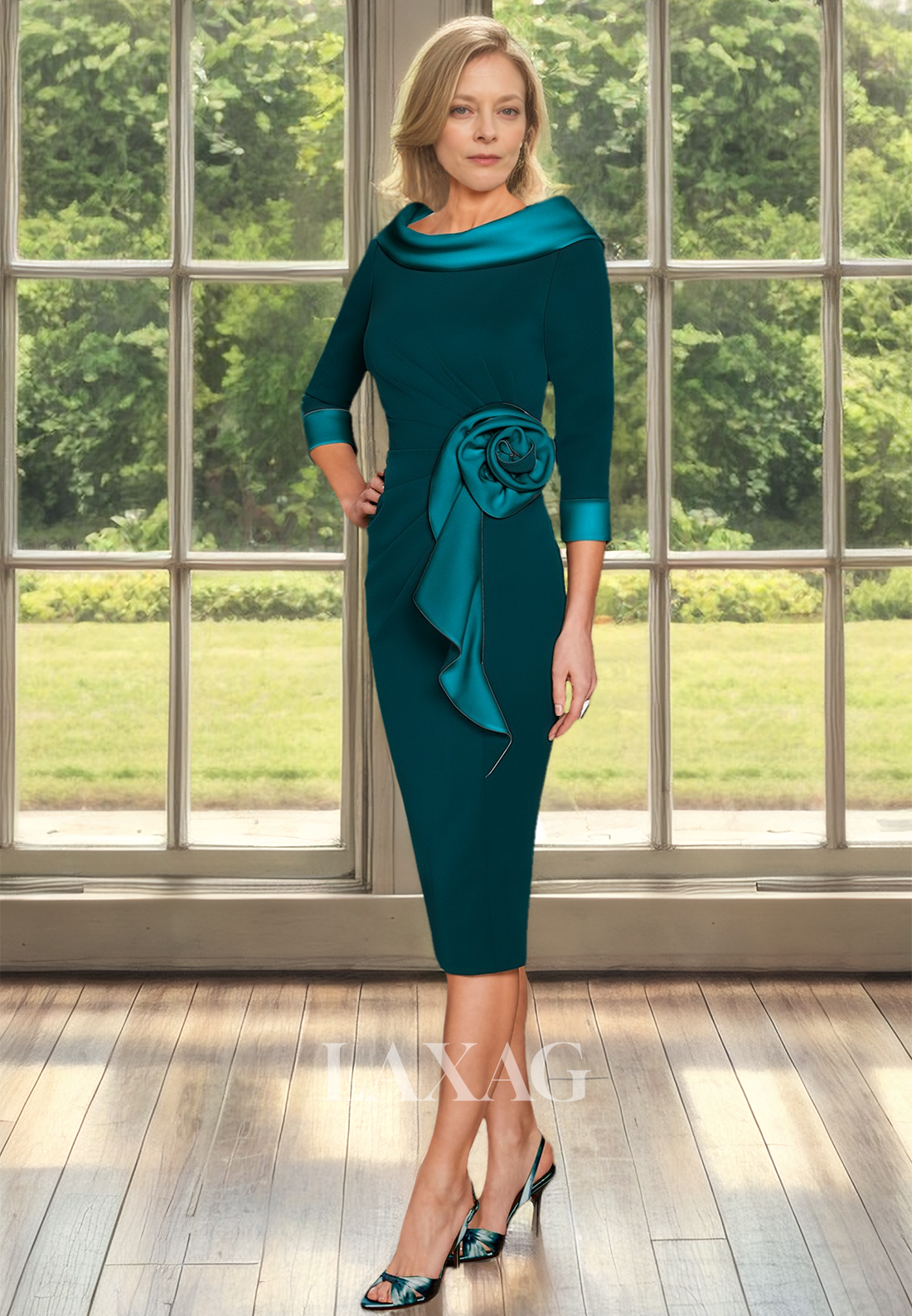 Long-Sleeves Scoop-Neck Mermaid Cocktail Gowns Pleated Two Tone Midi Mother of the Bride Dress