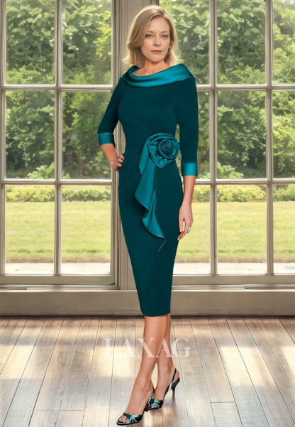 Long-Sleeves Scoop-Neck Mermaid Cocktail Gowns Pleated Two Tone Midi Mother of the Bride Dress