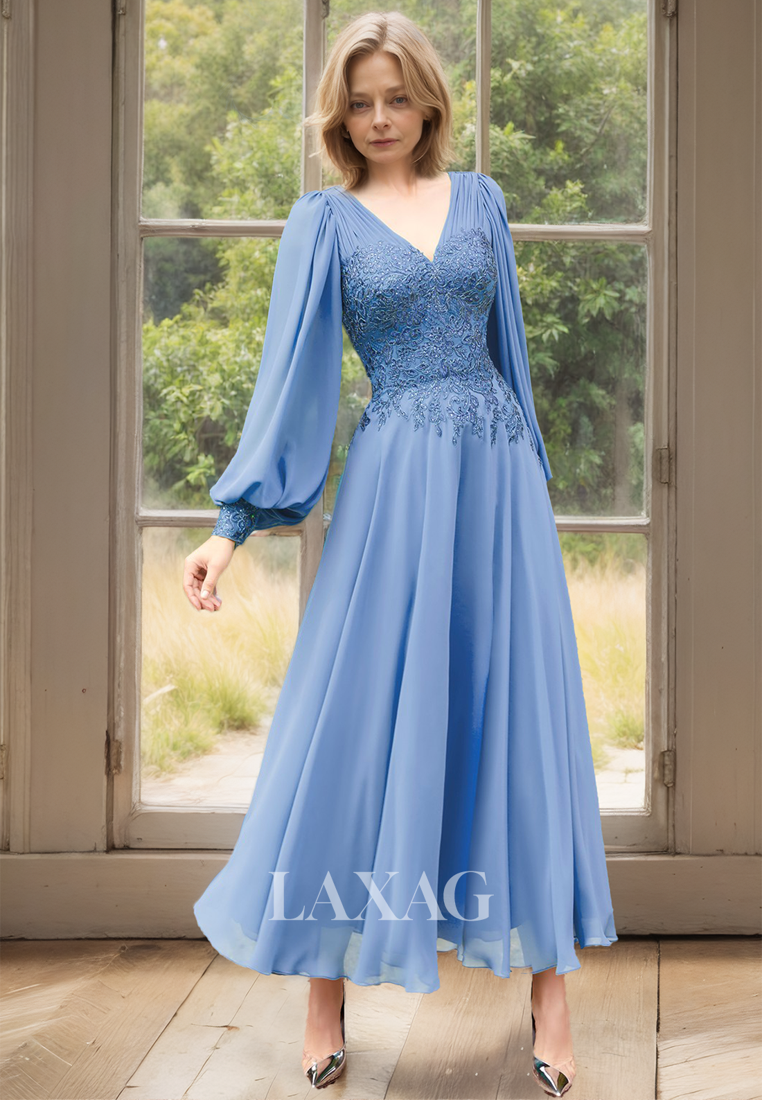 Long-Sleeves Pleated V-Neck Midi Cocktail Dress Beaded Applique Chiffon Mother of the Bride Dress