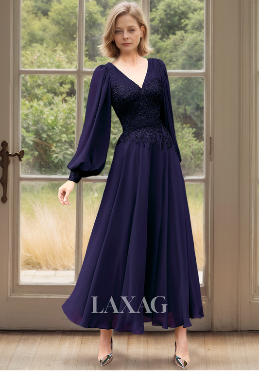 Long-Sleeves Pleated V-Neck Midi Cocktail Dress Beaded Applique Chiffon Mother of the Bride Dress