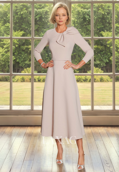 A-Line Long-Sleeves Midi Cocktail Gowns Scoop-Neck Beaded Mother of the Bride Dress with Bow