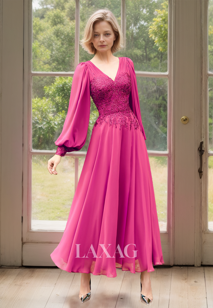 Long-Sleeves Pleated V-Neck Midi Cocktail Dress Beaded Applique Chiffon Mother of the Bride Dress