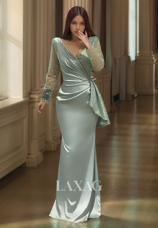 Glitter-Knit Long-Sleeves V-Neck Mermaid Prom Dress Pleated Sequined Floor-Length Formal Gowns