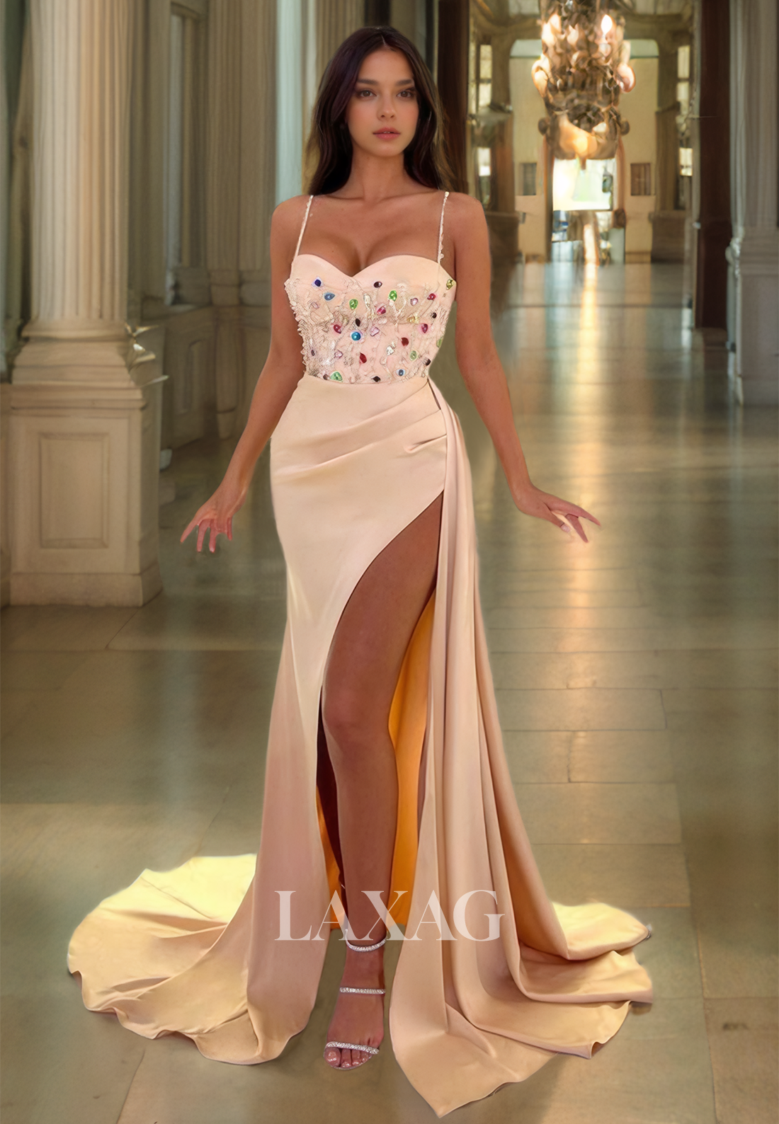 Spaghetti Straps Sleeveless Pleated Evening Gowns Sweetheart Colorful Rhinestone Slit Train Prom Dress