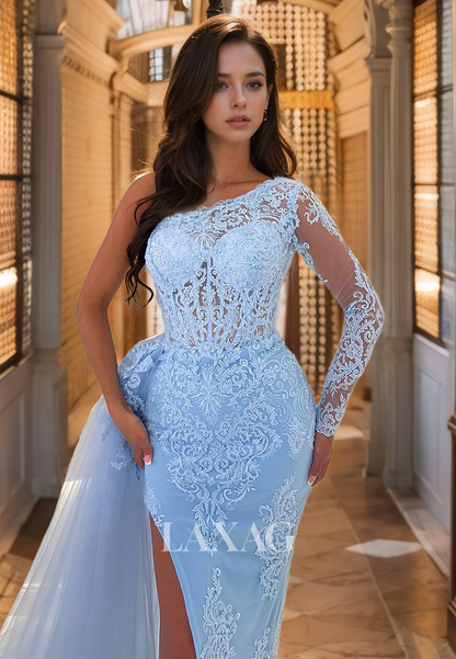 Asymmetrical-Neck One-Long-Sleeve Allover Lace Applique Cutout Mermaid Prom Dress with Tulle Train