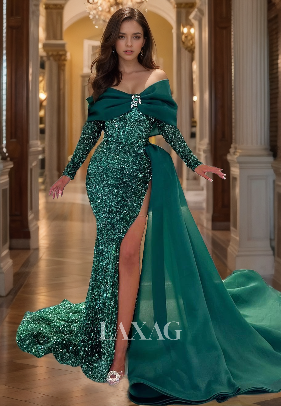 V-Neck Off-Shoulder Long-Sleeves Pleated Mermaid Prom Dress Fully Sequined Tulle Train Formal Gowns