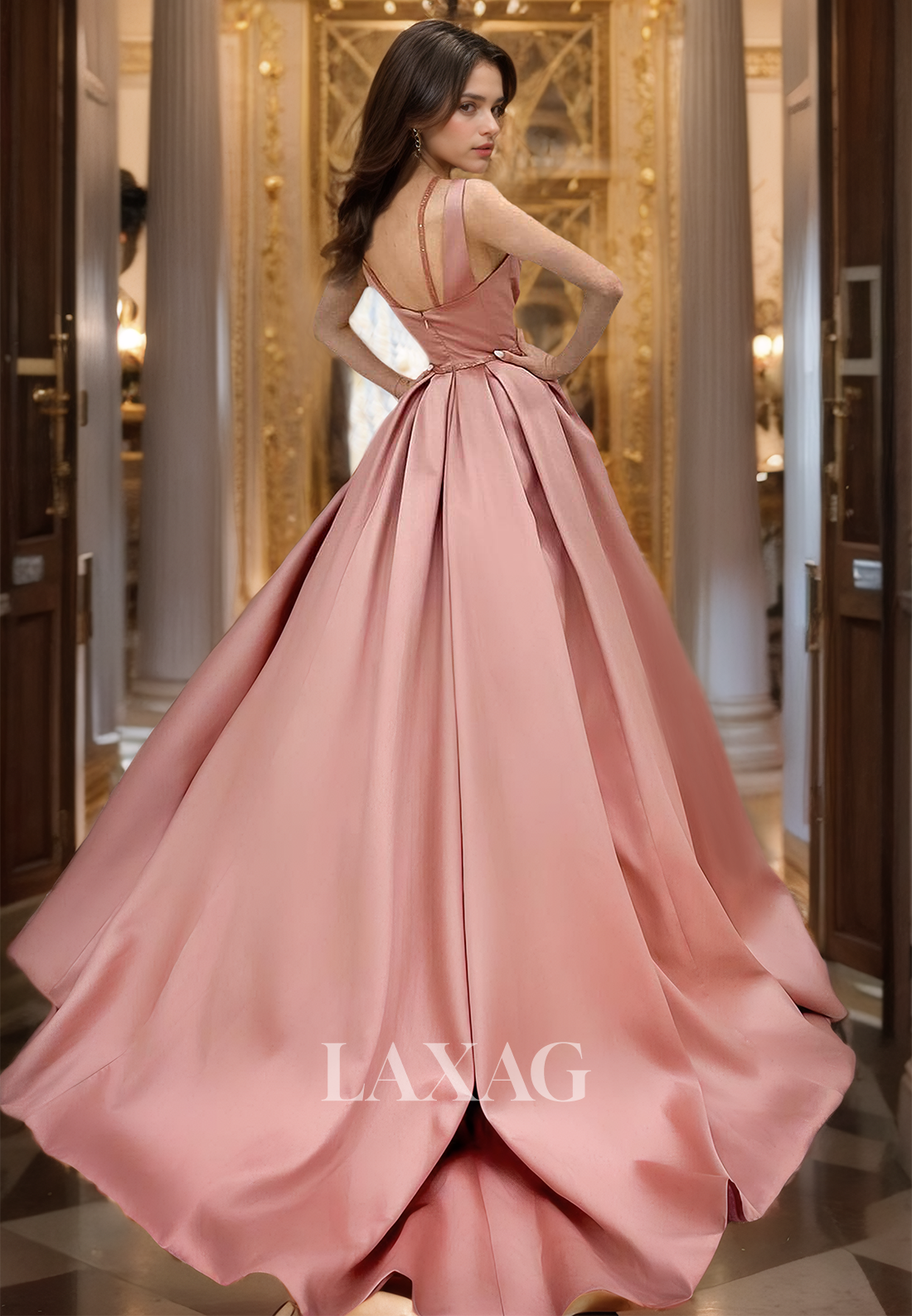 Straps Off-Shoulder Sleeveless Pleated Party Gowns V-Neck Beaded Satin A-Line Prom Dress with Train