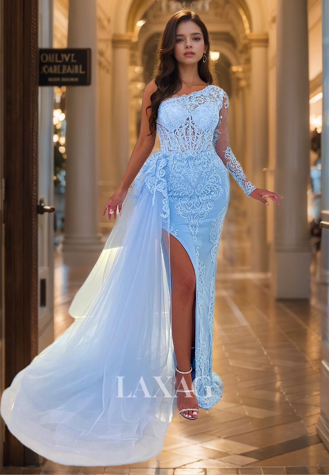 Asymmetrical-Neck One-Long-Sleeve Allover Lace Applique Cutout Mermaid Prom Dress with Tulle Train