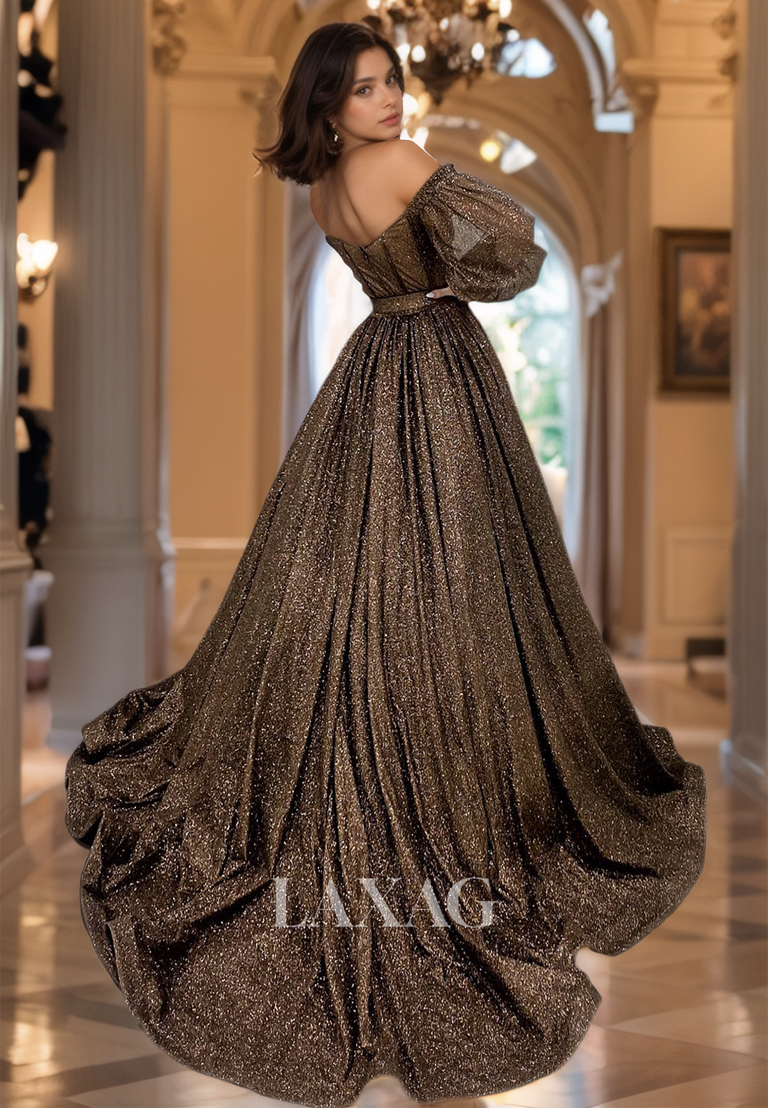 A-Line V-Neck Long-Sleeves Off-Shoulder Prom Dress Pleated Glitter-Knit Evening Gowns with Sweep Train