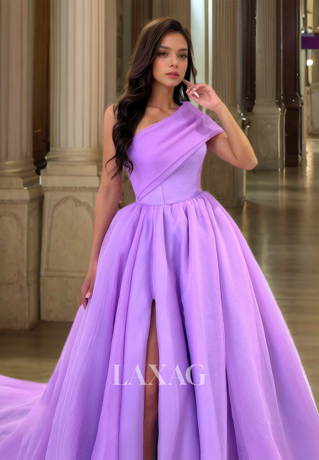 Asymmetrical-Neck Sleeveless Chiffon A-Line Prom Dress Pleated High Slit Train Formal Gowns