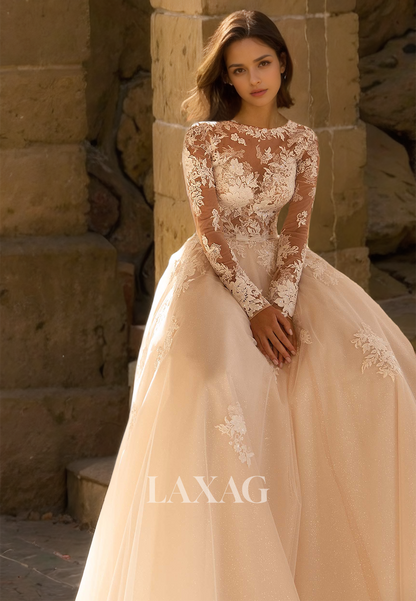 Scoop-Neck Glitter-Knit A-Line Wedding Dress Long-Sleeves Applique Floor-Length Bride Gowns