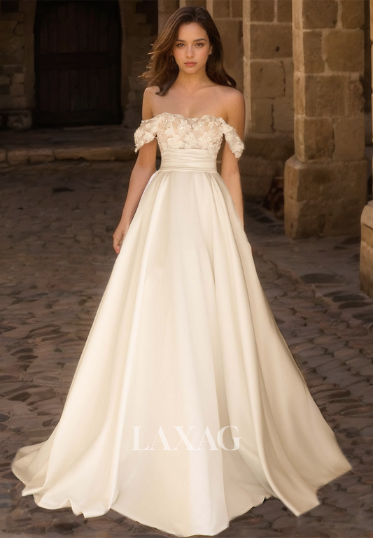 Floral Embellished Sweetheart Sleeveless Bride Gowns Off-Shoulder Pleated Satin A-Line Wedding Dress