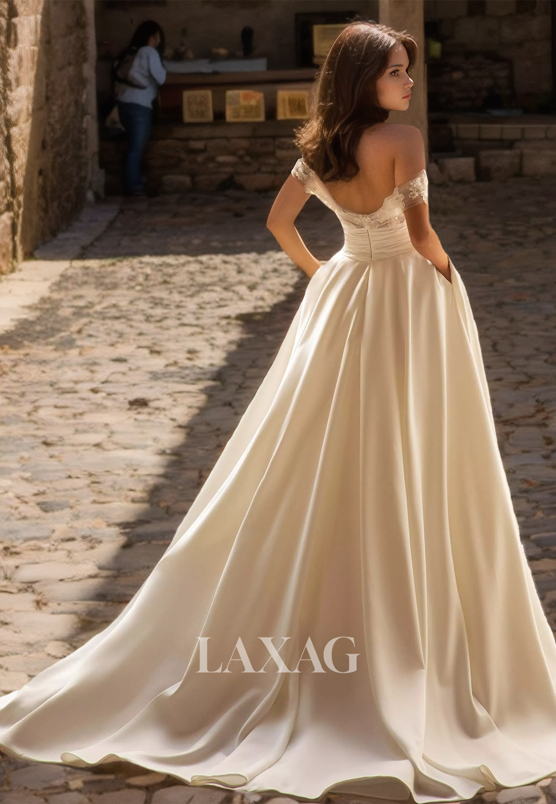 Floral Embellished Sweetheart Sleeveless Bride Gowns Off-Shoulder Pleated Satin A-Line Wedding Dress