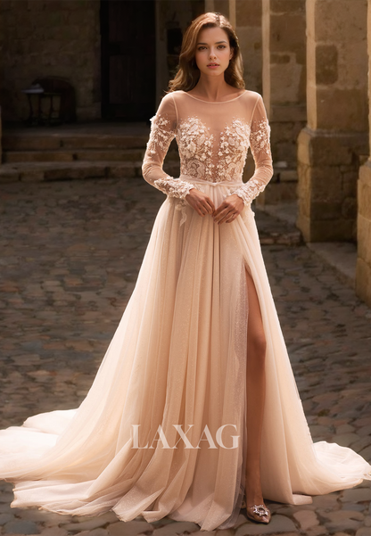 Scoop-Neck Long-Sleeves Sheer Bride Gowns Glitter-Knit Floral Embellished A-Line Wedding Dress with High Slit