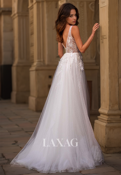 A-Line Spaghetti Straps Tulle A-Line Wedding Dress V-Neck Sleeveless Applique Beaded Bride Gowns