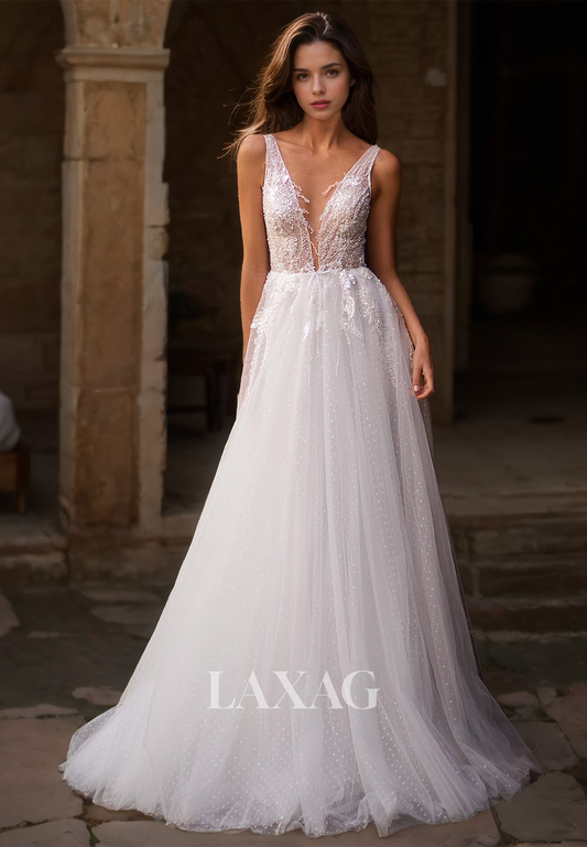 A-Line Spaghetti Straps Tulle A-Line Wedding Dress V-Neck Sleeveless Applique Beaded Bride Gowns