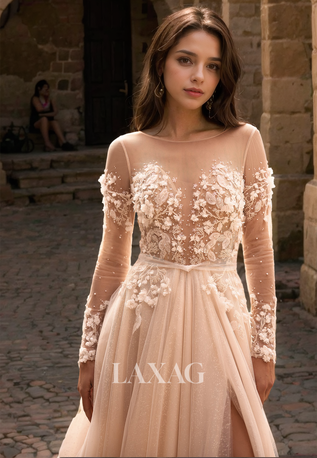 Scoop-Neck Long-Sleeves Sheer Bride Gowns Glitter-Knit Floral Embellished A-Line Wedding Dress with High Slit