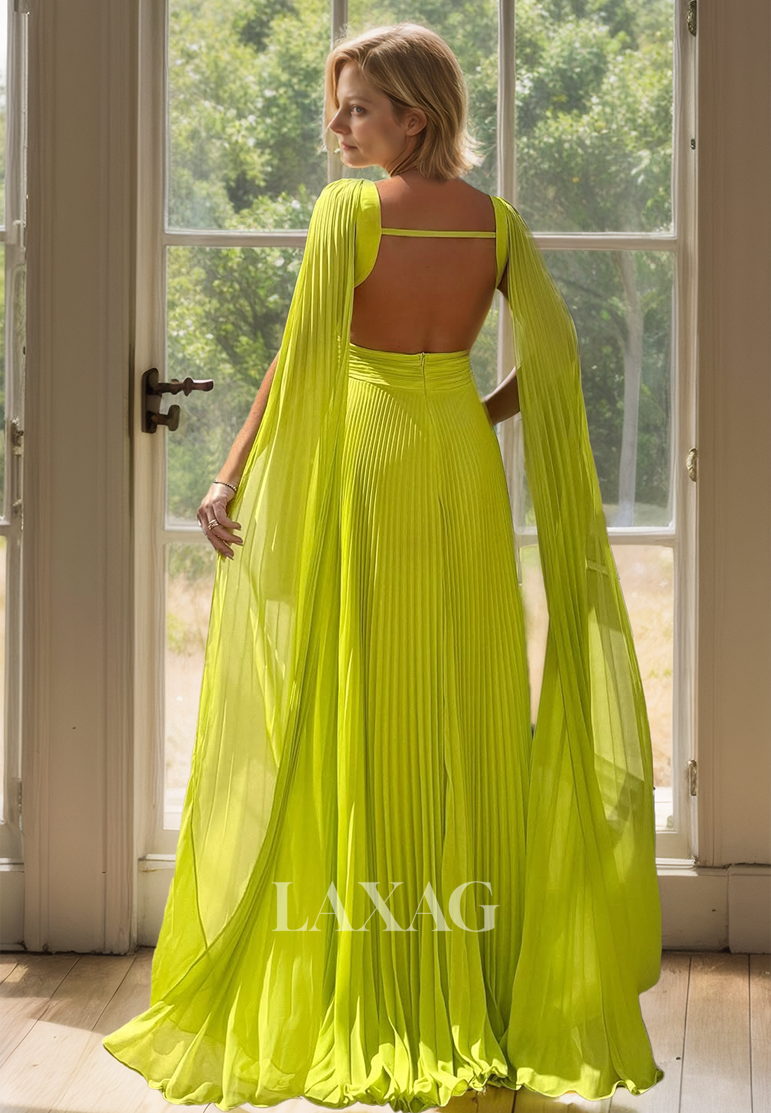 Scoop-Neck Off-Shoulder Sleeveless Pleated Floor-Length Chiffon A-Line Mother of the Bride Dress with Sweep Train