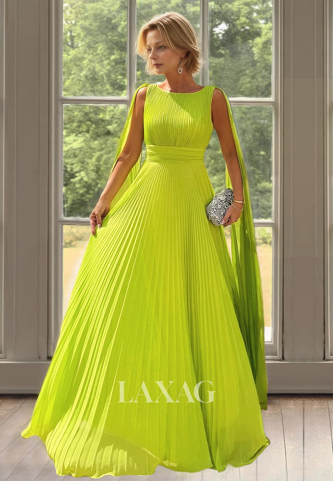 Scoop-Neck Off-Shoulder Sleeveless Pleated Floor-Length Chiffon A-Line Mother of the Bride Dress with Sweep Train