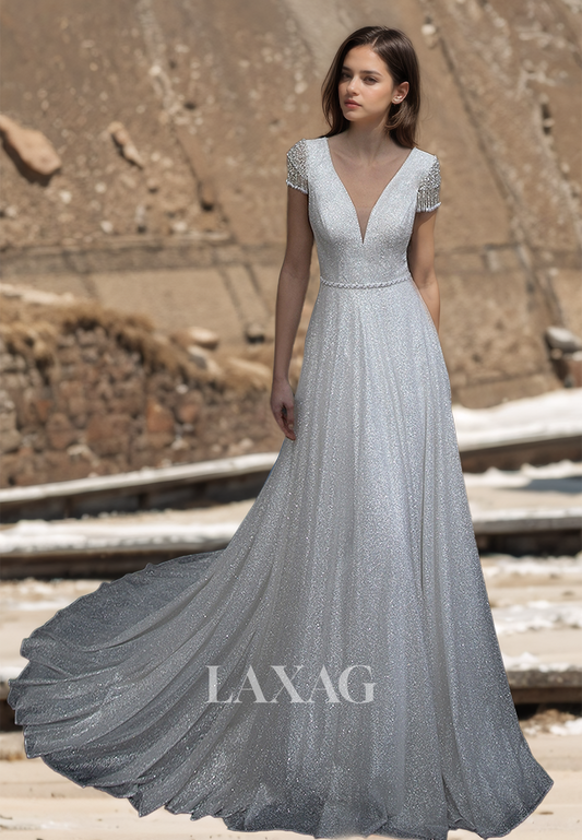 Deep V-Neck Short-Sleeves A-Line Wedding Dress Pleated Glitter-Knit Beaded Bride Gowns with Train