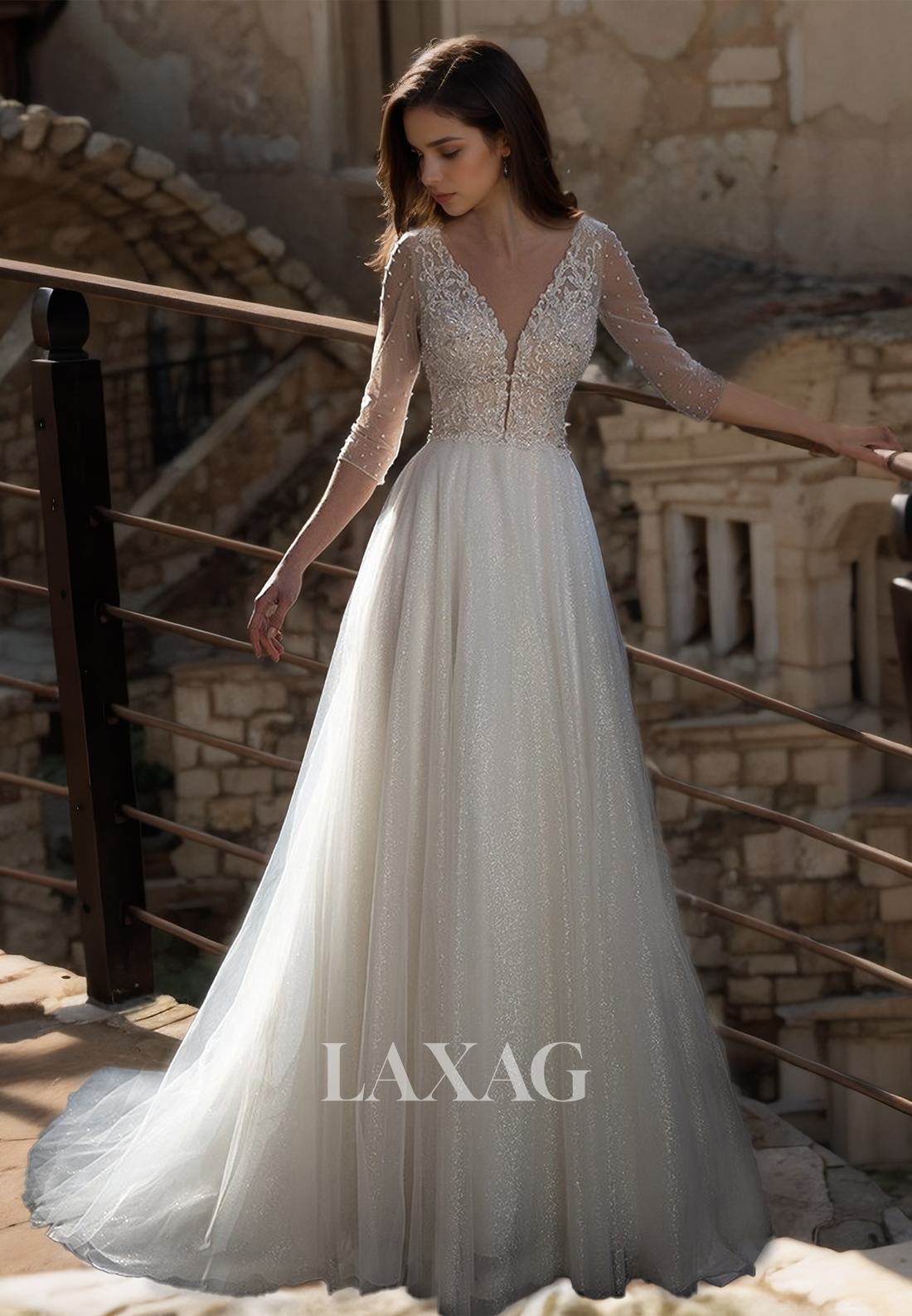 Half-Sleeves Deep V-Neck Beaded Applique Sheer Cutout Glitter-Knit Train A-Line Wedding Dress