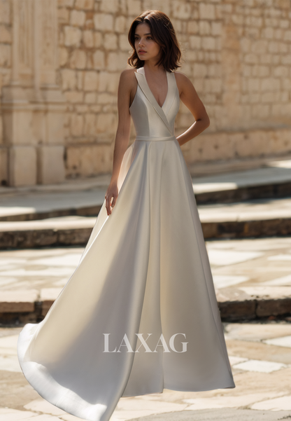 A-Line Halter V-Neck Off-Shoulder Wedding Dress Sleeveless Pleated Floor-Length Satin Bride Gowns