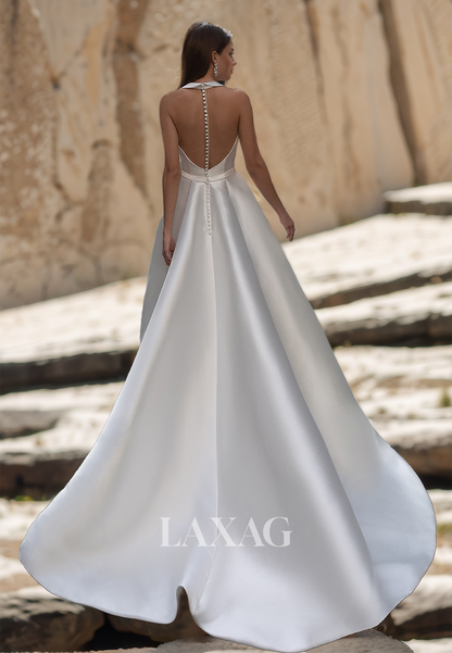 A-Line Halter V-Neck Off-Shoulder Wedding Dress Sleeveless Pleated Floor-Length Satin Bride Gowns