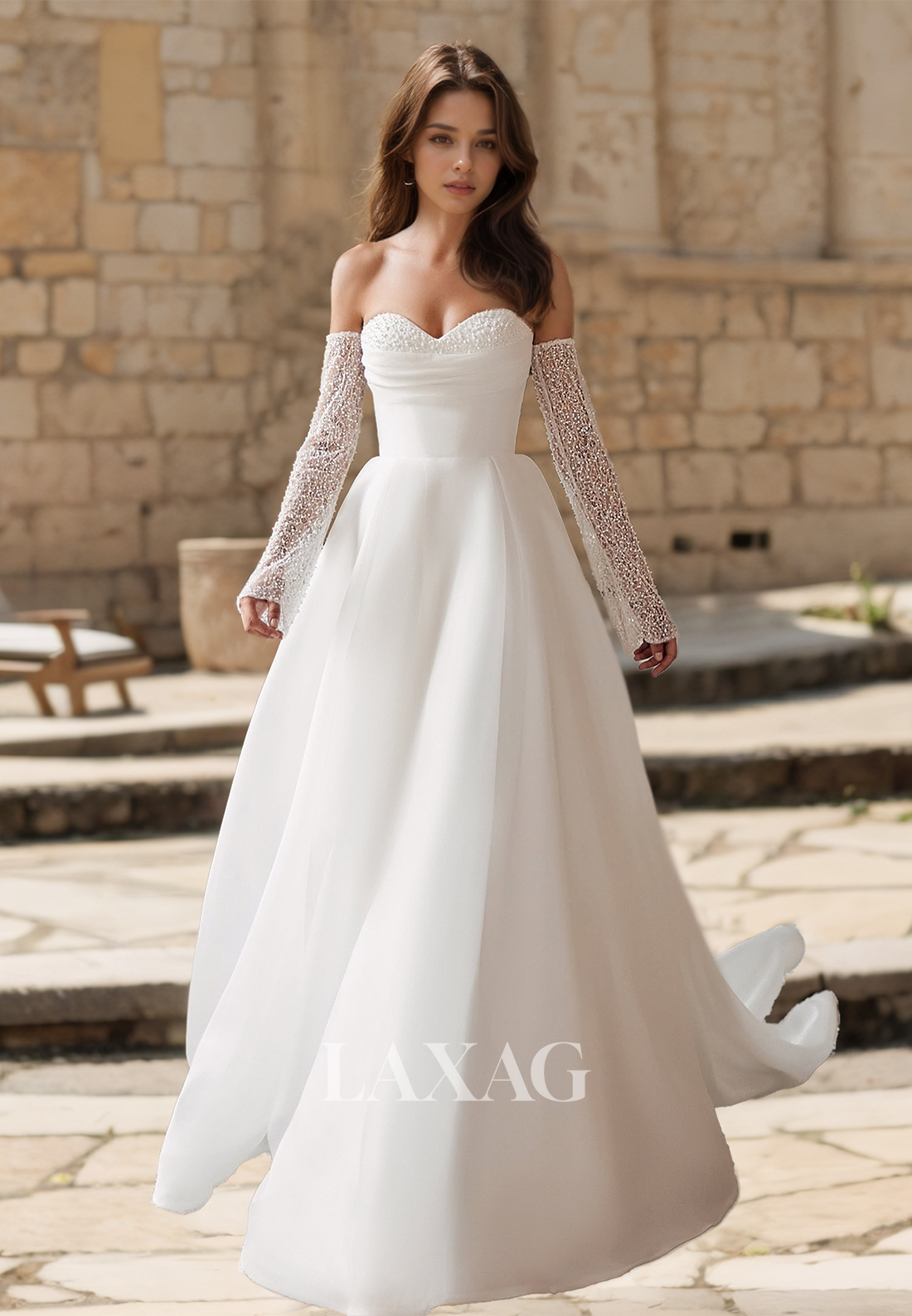 Sweetheart Beaded Long-Sleeves Bride Gowns Off-Shoulder Pleated Chiffon A-Line Wedding Dress