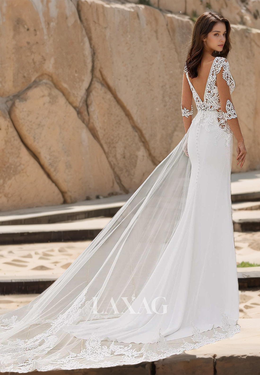 Deep V-Neck Half-Sleeves Satin Bride Gowns Lace Applique Cutout Mermaid Wedding Dress with Tulle Sweep Train